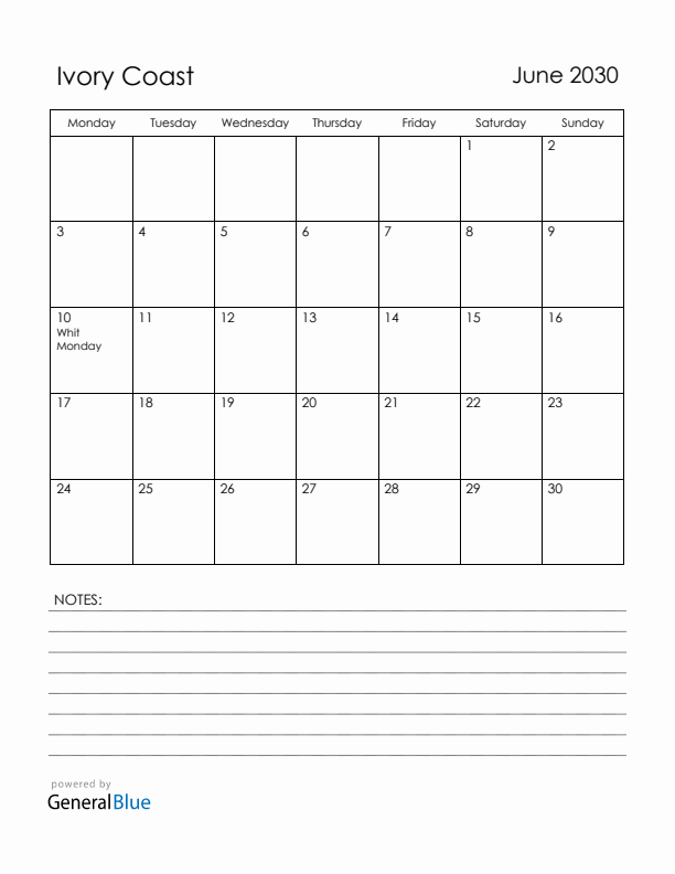 June 2030 Ivory Coast Calendar with Holidays (Monday Start)