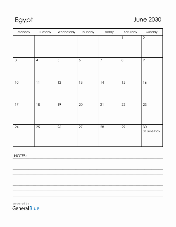 June 2030 Egypt Calendar with Holidays (Monday Start)