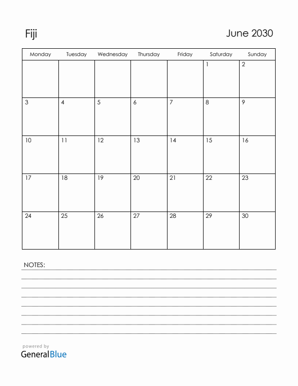 June 2030 Fiji Calendar with Holidays (Monday Start)