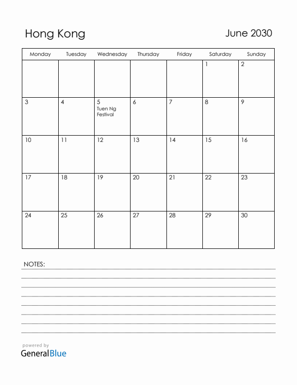 June 2030 Hong Kong Calendar with Holidays (Monday Start)