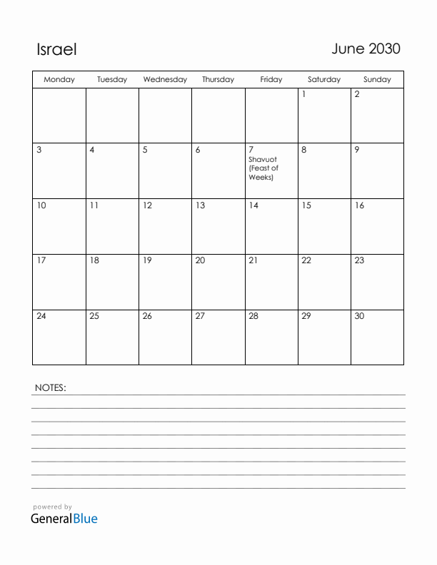 June 2030 Israel Calendar with Holidays (Monday Start)