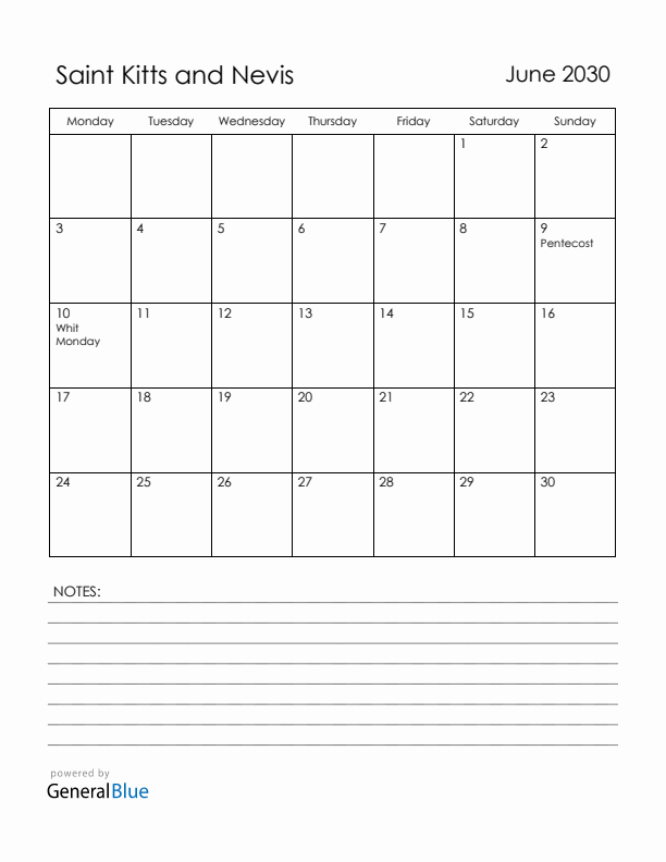 June 2030 Saint Kitts and Nevis Calendar with Holidays (Monday Start)
