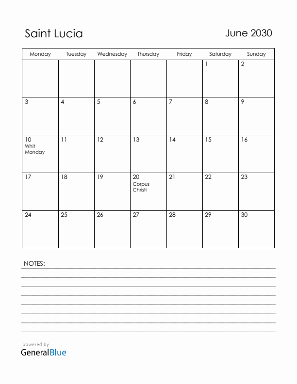 June 2030 Saint Lucia Calendar with Holidays (Monday Start)