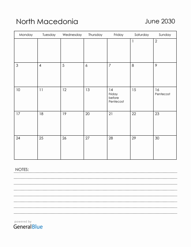 June 2030 North Macedonia Calendar with Holidays (Monday Start)