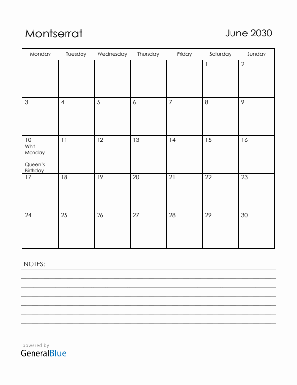 June 2030 Montserrat Calendar with Holidays (Monday Start)