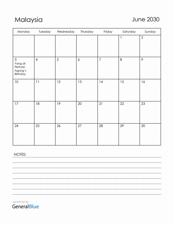 June 2030 Malaysia Calendar with Holidays (Monday Start)