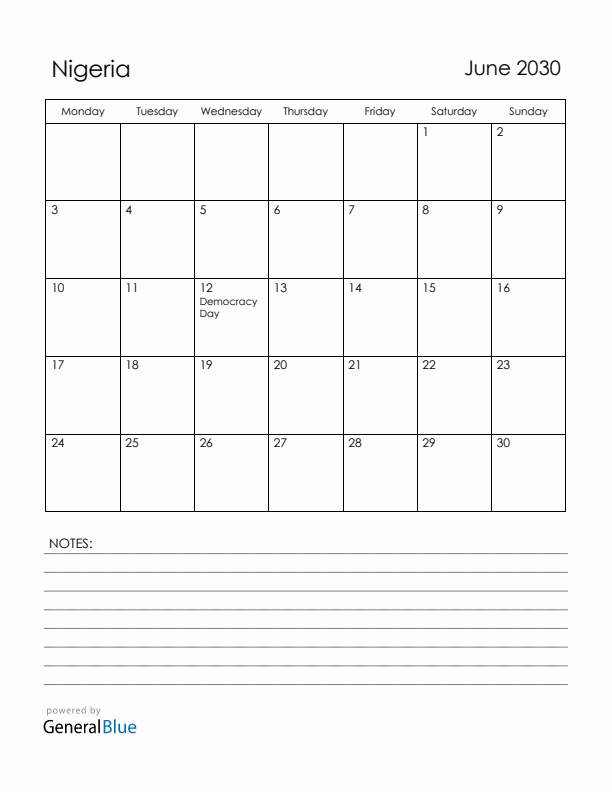 June 2030 Nigeria Calendar with Holidays (Monday Start)