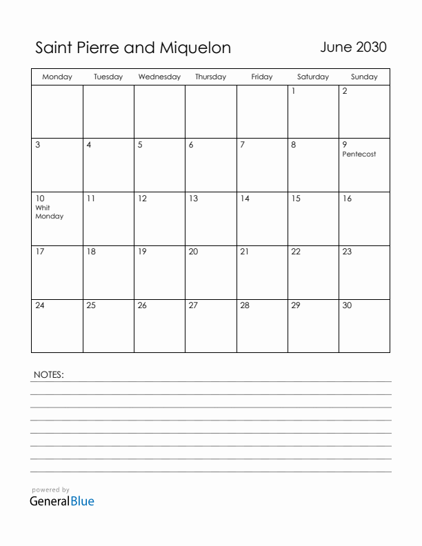 June 2030 Saint Pierre and Miquelon Calendar with Holidays (Monday Start)