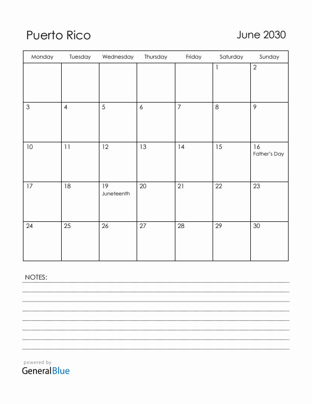 June 2030 Puerto Rico Calendar with Holidays (Monday Start)