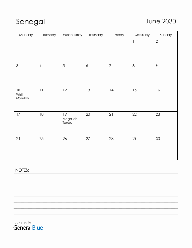 June 2030 Senegal Calendar with Holidays (Monday Start)