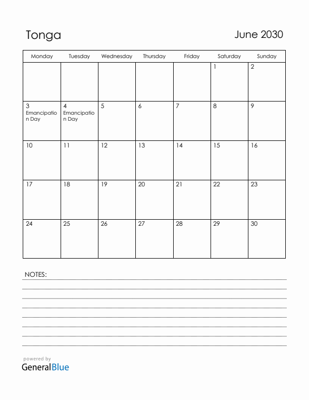 June 2030 Tonga Calendar with Holidays (Monday Start)