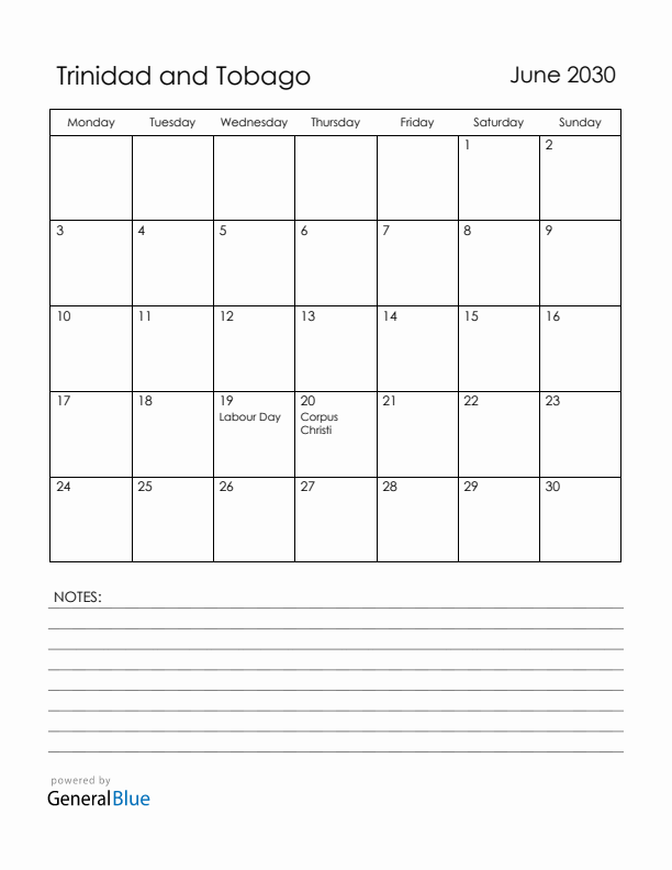 June 2030 Trinidad and Tobago Calendar with Holidays (Monday Start)