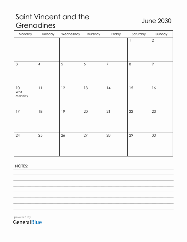 June 2030 Saint Vincent and the Grenadines Calendar with Holidays (Monday Start)