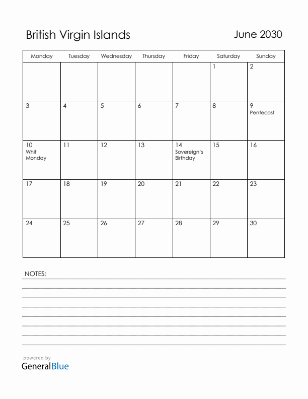 June 2030 British Virgin Islands Calendar with Holidays (Monday Start)