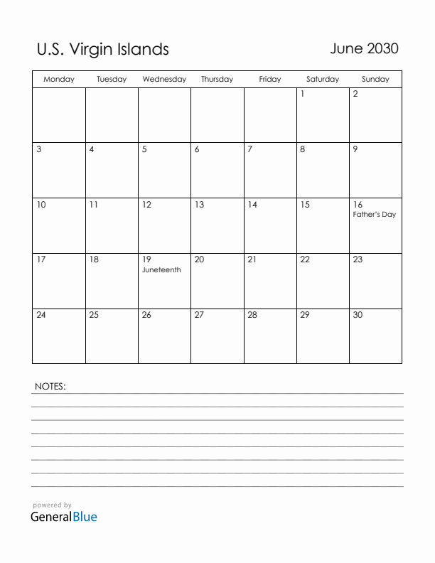 June 2030 U.S. Virgin Islands Calendar with Holidays (Monday Start)
