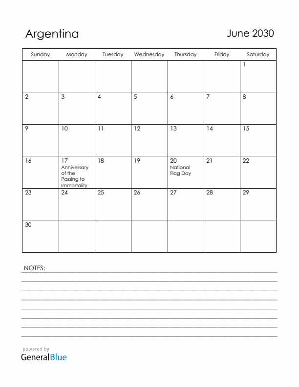June 2030 Argentina Calendar with Holidays (Sunday Start)