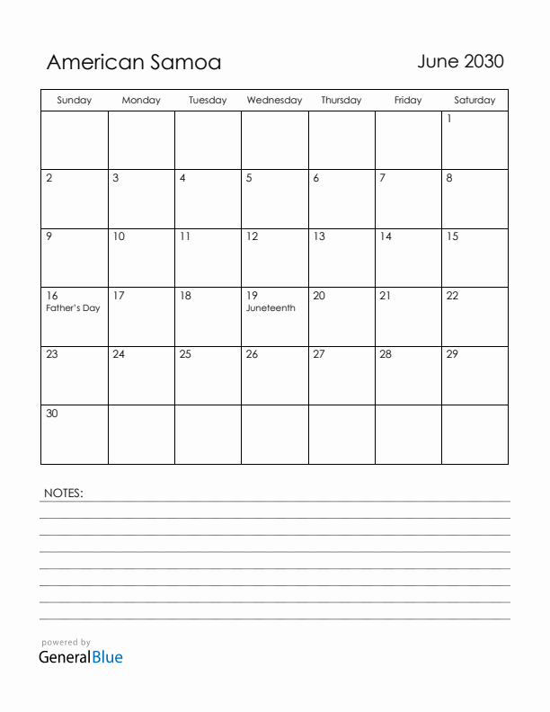 June 2030 American Samoa Calendar with Holidays (Sunday Start)