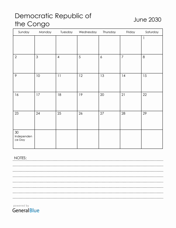 June 2030 Democratic Republic of the Congo Calendar with Holidays (Sunday Start)