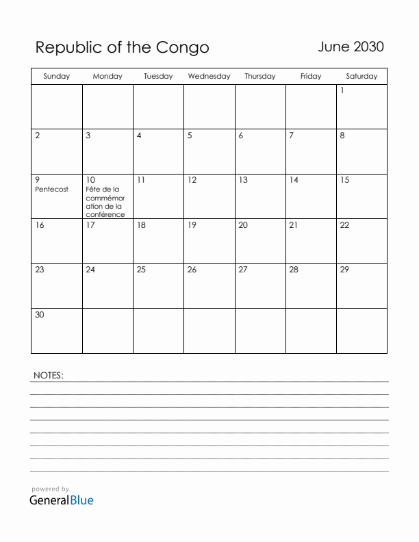 June 2030 Republic of the Congo Calendar with Holidays (Sunday Start)