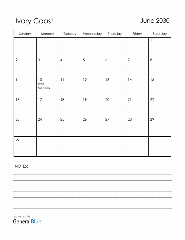 June 2030 Ivory Coast Calendar with Holidays (Sunday Start)