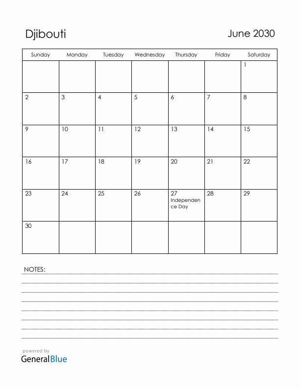 June 2030 Djibouti Calendar with Holidays (Sunday Start)