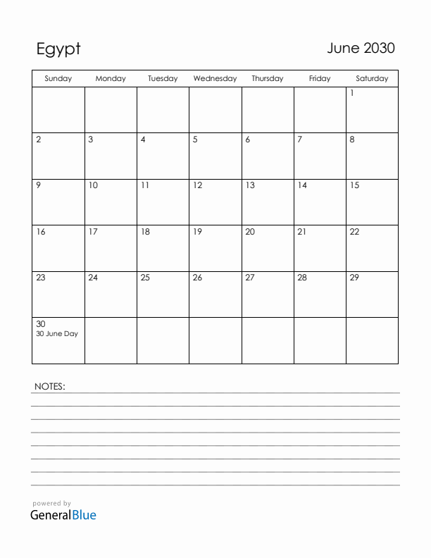 June 2030 Egypt Calendar with Holidays (Sunday Start)