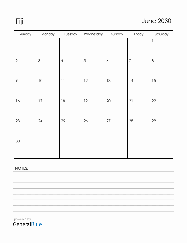June 2030 Fiji Calendar with Holidays (Sunday Start)