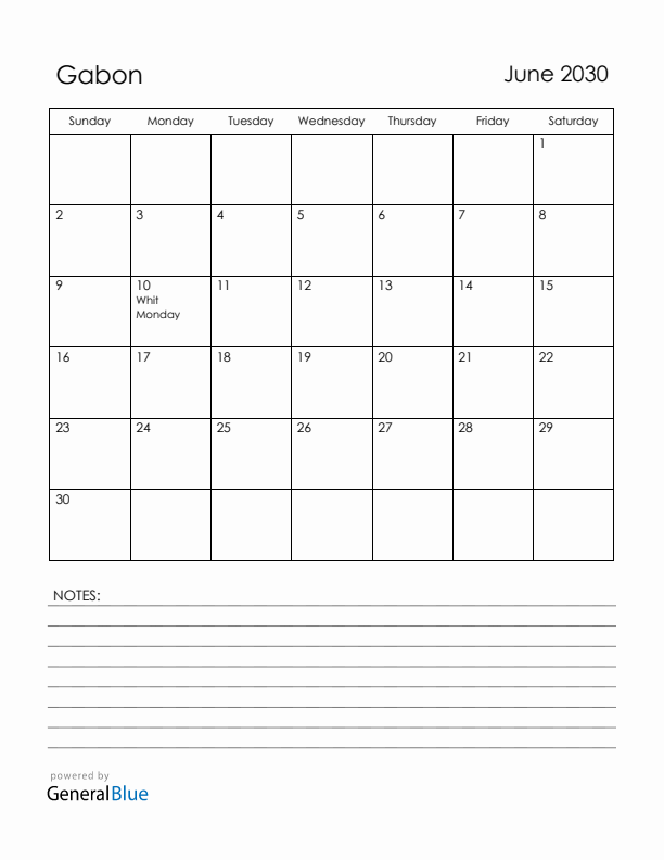 June 2030 Gabon Calendar with Holidays (Sunday Start)