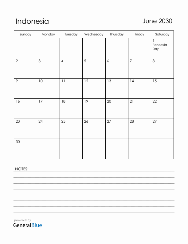 June 2030 Indonesia Calendar with Holidays (Sunday Start)