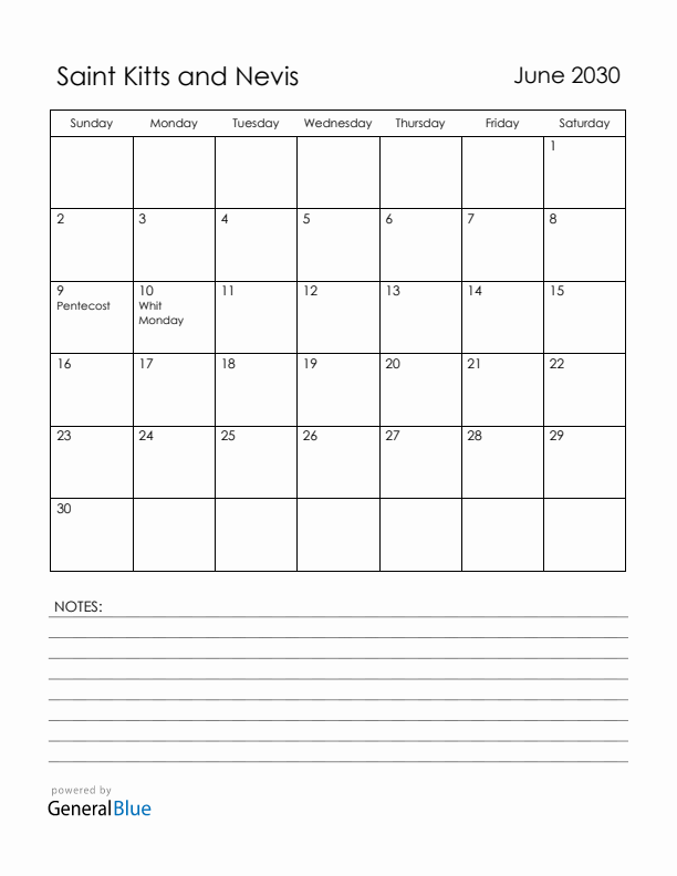June 2030 Saint Kitts and Nevis Calendar with Holidays (Sunday Start)