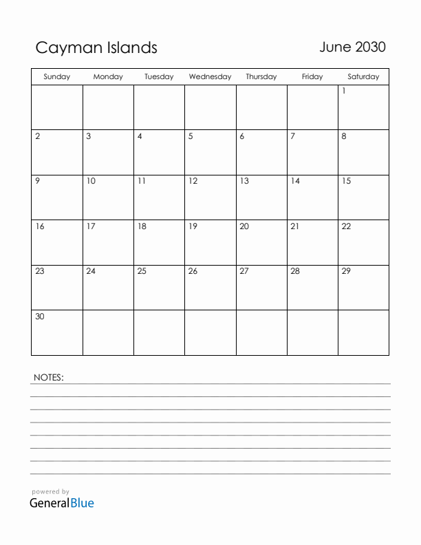 June 2030 Cayman Islands Calendar with Holidays (Sunday Start)