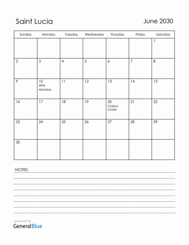 June 2030 Saint Lucia Calendar with Holidays (Sunday Start)