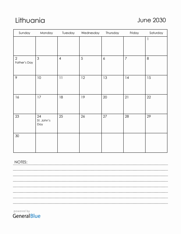 June 2030 Lithuania Calendar with Holidays (Sunday Start)