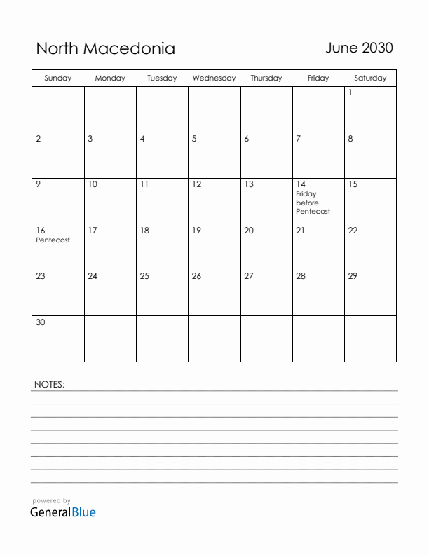 June 2030 North Macedonia Calendar with Holidays (Sunday Start)