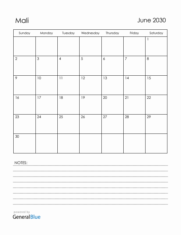 June 2030 Mali Calendar with Holidays (Sunday Start)