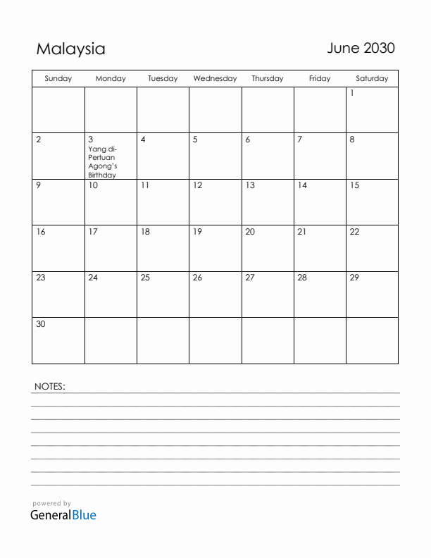 June 2030 Malaysia Calendar with Holidays (Sunday Start)