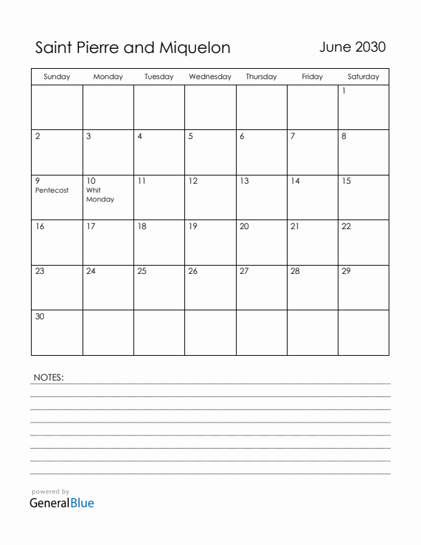 June 2030 Saint Pierre and Miquelon Calendar with Holidays (Sunday Start)