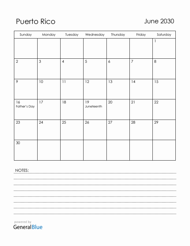 June 2030 Puerto Rico Calendar with Holidays (Sunday Start)