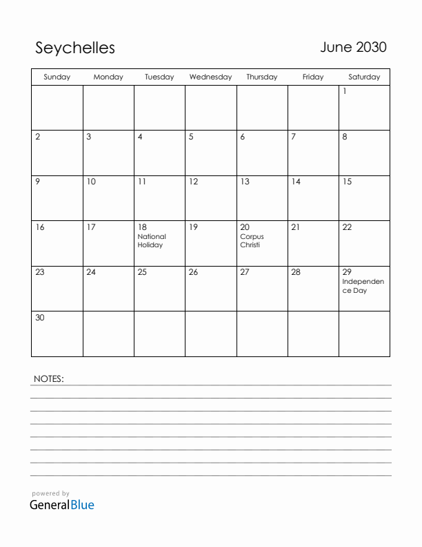 June 2030 Seychelles Calendar with Holidays (Sunday Start)