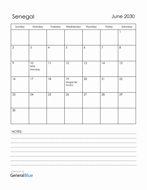 June 2030 Senegal Calendar with Holidays (Sunday Start)