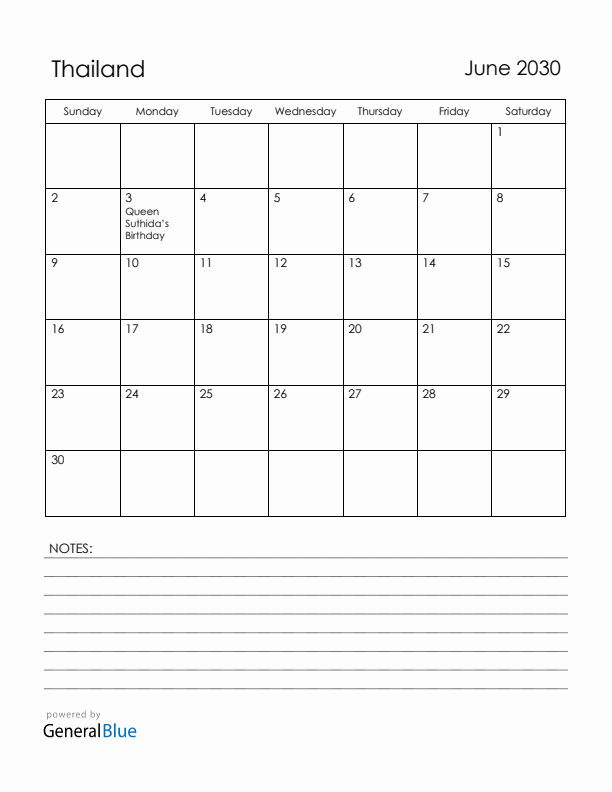 June 2030 Thailand Calendar with Holidays (Sunday Start)