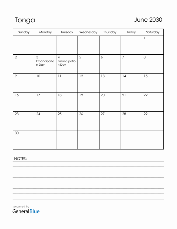 June 2030 Tonga Calendar with Holidays (Sunday Start)