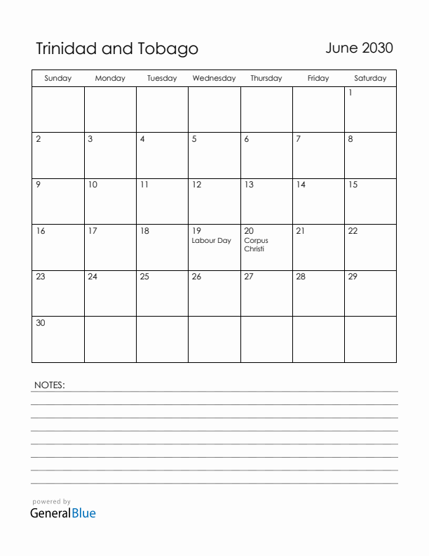 June 2030 Trinidad and Tobago Calendar with Holidays (Sunday Start)