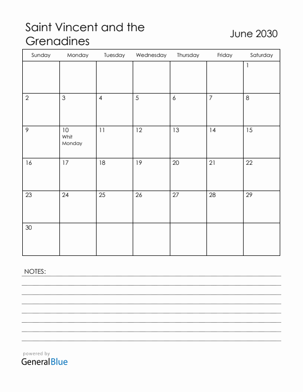 June 2030 Saint Vincent and the Grenadines Calendar with Holidays (Sunday Start)
