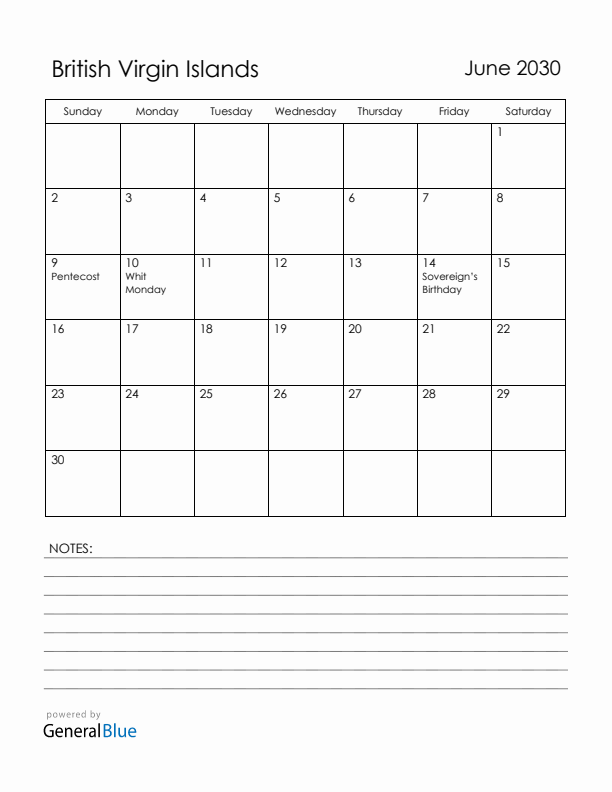 June 2030 British Virgin Islands Calendar with Holidays (Sunday Start)