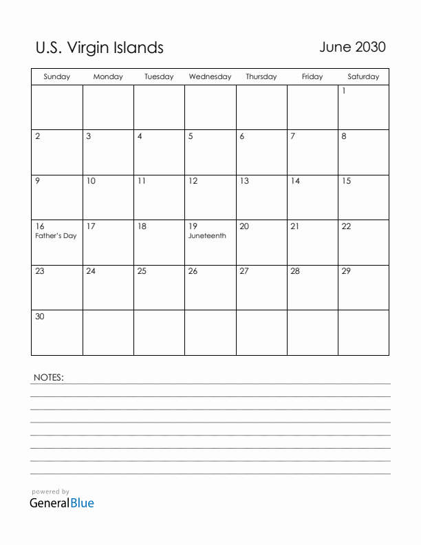 June 2030 U.S. Virgin Islands Calendar with Holidays (Sunday Start)