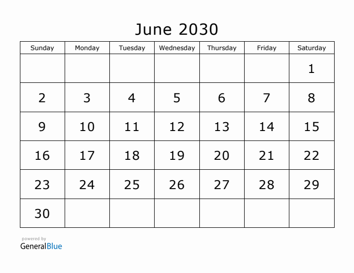 Printable June 2030 Calendar - Sunday Start