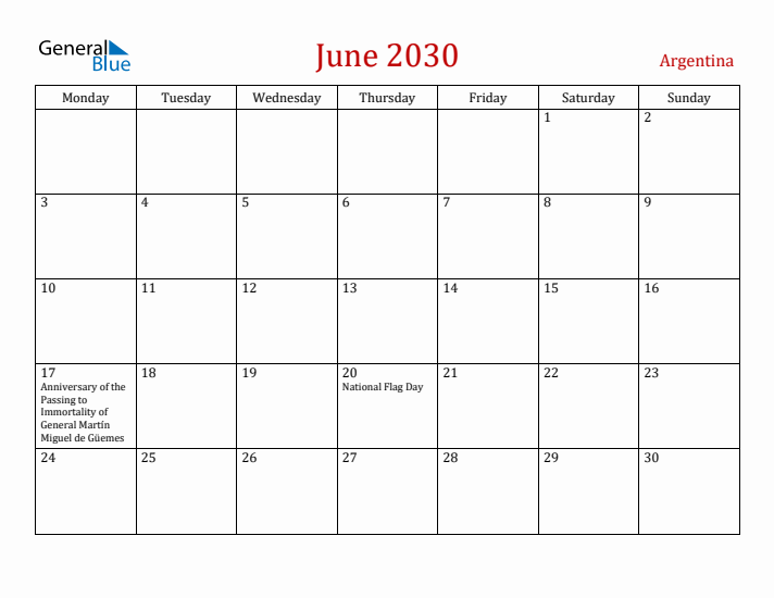 Argentina June 2030 Calendar - Monday Start