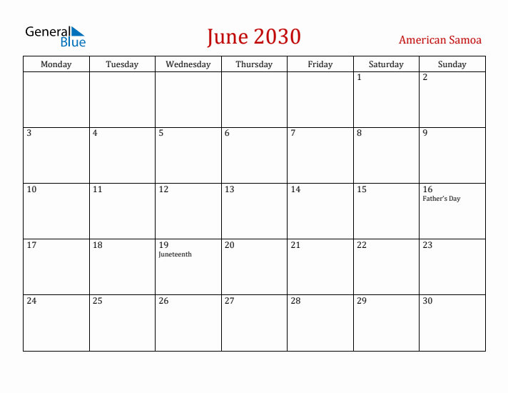 American Samoa June 2030 Calendar - Monday Start