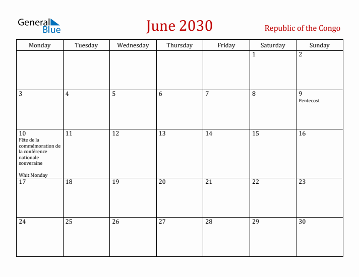 Republic of the Congo June 2030 Calendar - Monday Start